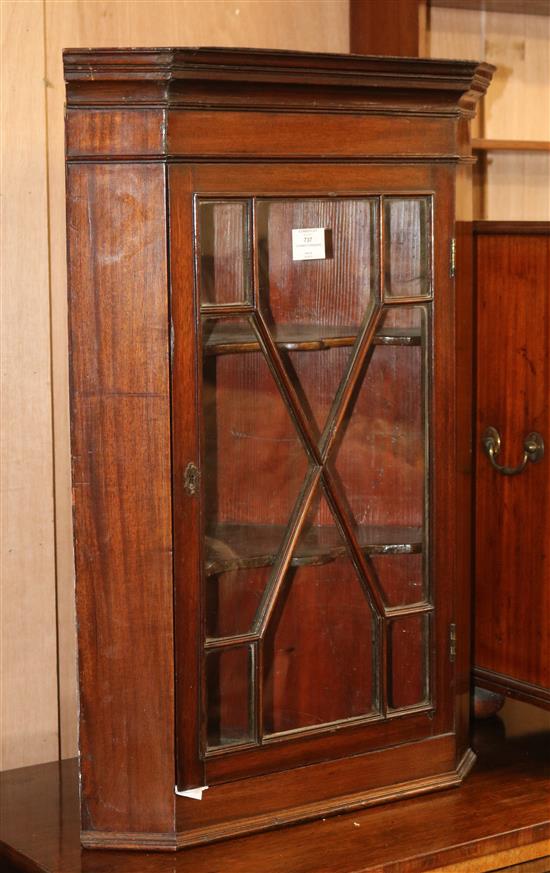 A George III style astragal glazed mahogany hanging corner cupboard W.55cm